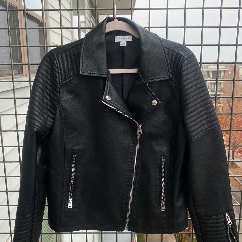 Topshop faux leather biker jacket in black